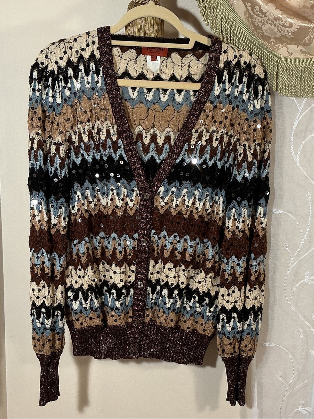 VTG Authentic Missoni Multicolor Chevron Sequin Knit Cardigan Sz 46 Fits M Italy
